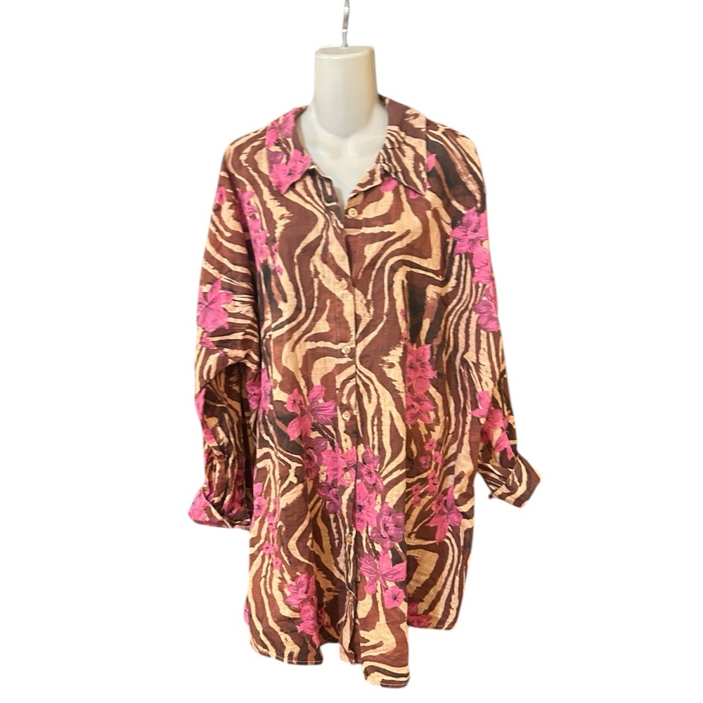 ASOS DESIGN curve textured button through beach shirt in zebra tropical print‎